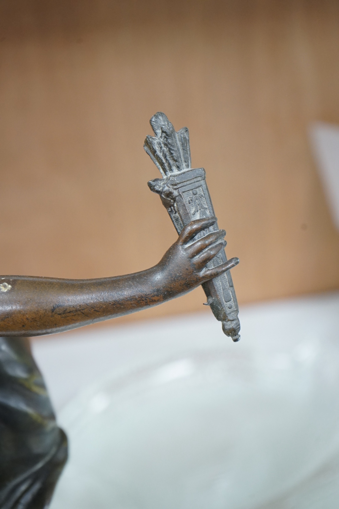 After August Moreau (1834-1917), spelter figure, ‘L’Amour Victorieux’, 46cm. Condition - fair to good